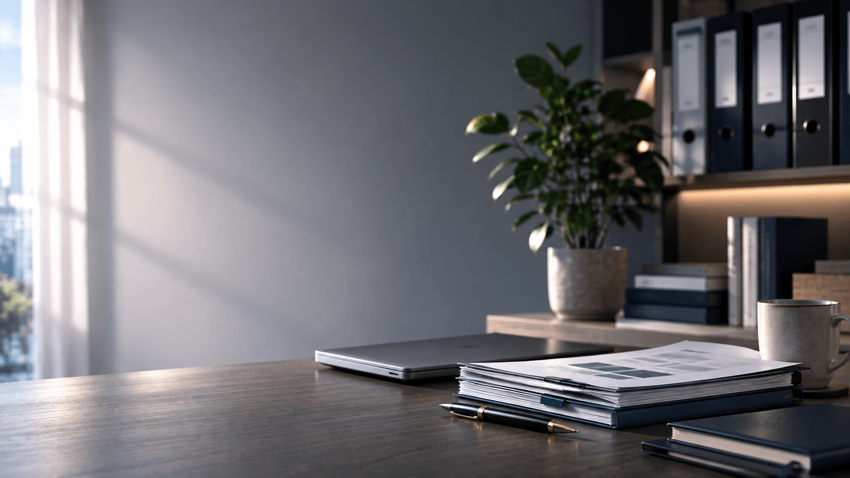 Escritorio profesional con documentos empresariales ordenados, carpetas y luz natural